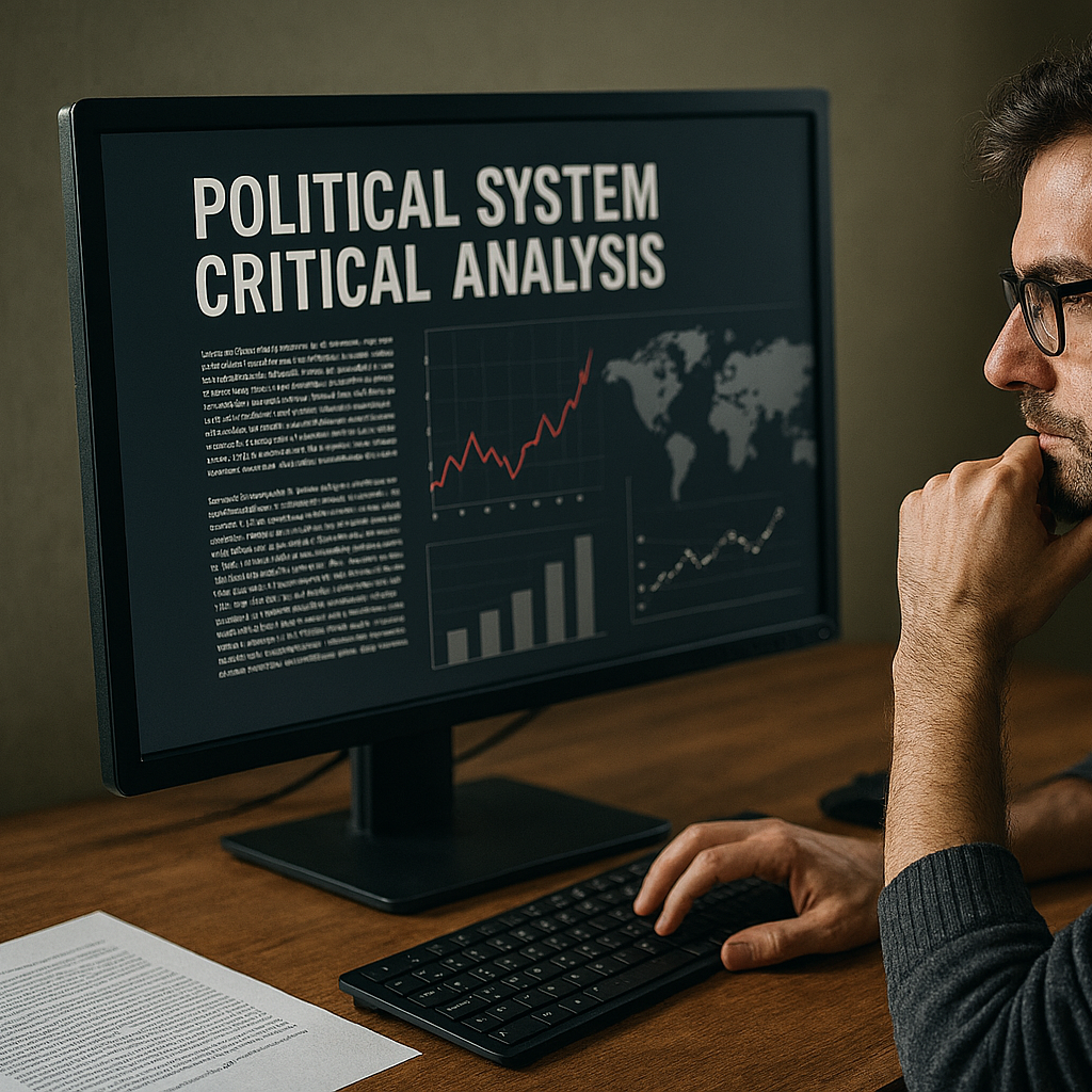 Mann analysiert Daten zu politischen Systemen auf einem Computerbildschirm.