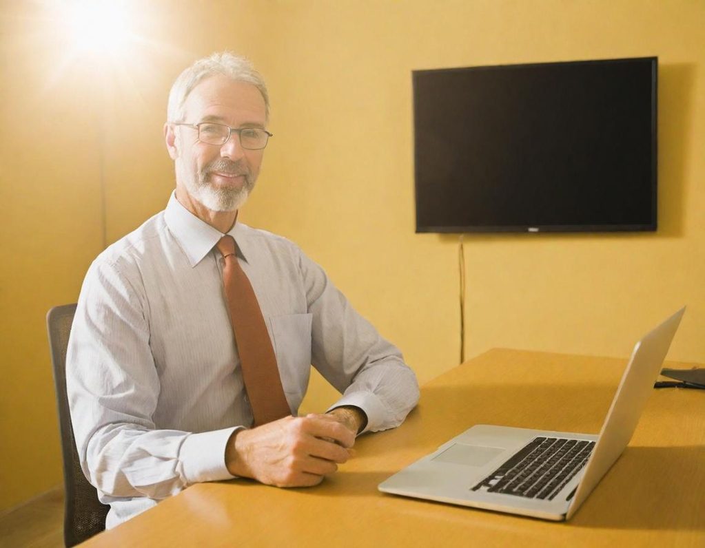 Ein älterer Mann mit Brille sitzt an einem Tisch vor einem Laptop in einem hellen Raum.