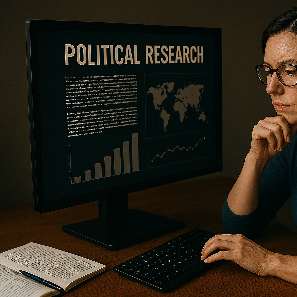 Eine Person arbeitet an einem Computer mit einem Bildschirm über politische Forschung.