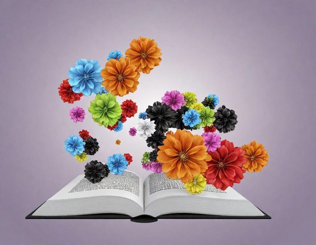 Ein offenes Buch mit bunten, fliegenden Blumen umgeben.